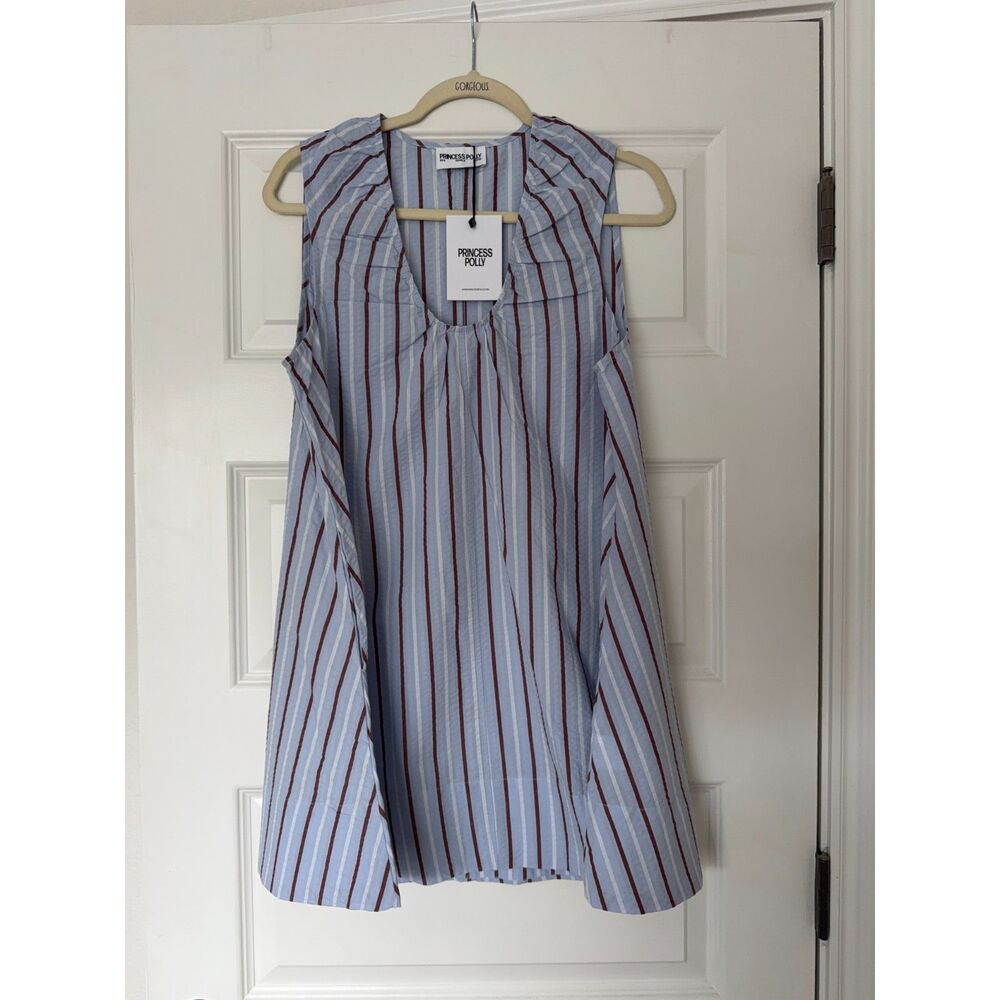 NWT Princess Polly Eberta Ruched Baby Doll Mini Dress Blue Stripe US 4 - Picture 2 of 11